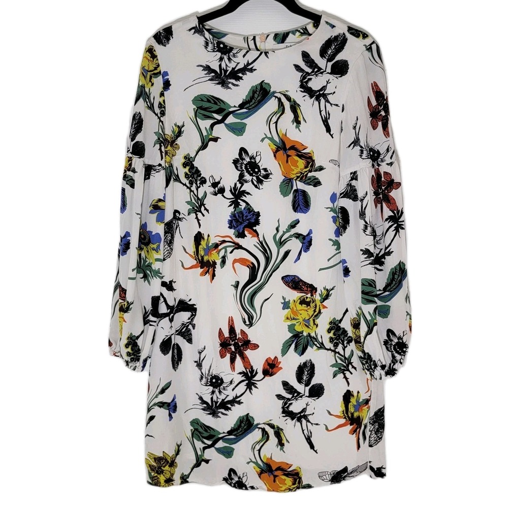 TIBI Gothic Floral Shift Mini Dress Long Sleeve White, Silk Size 8 EUC